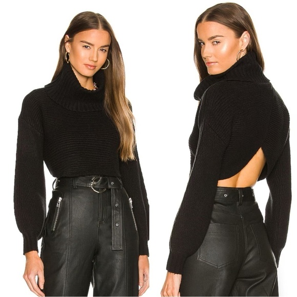 Michael Costello x REVOLVE Safia Peek A Boo Crop Turtleneck Sweater in Black - Picture 1 of 7